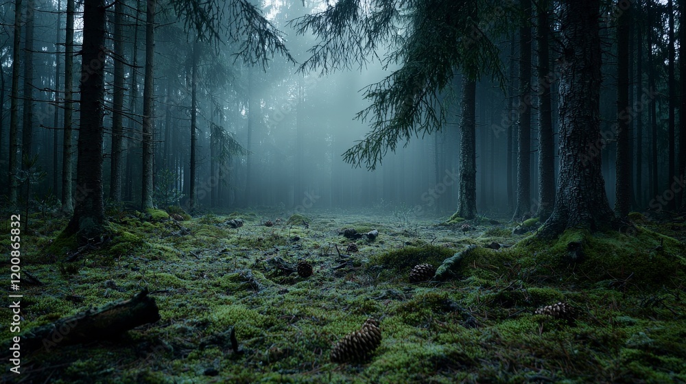 Fototapeta premium Morning mist in green pine forest tranquil nature scene lush landscape serene atmosphere enchanting view