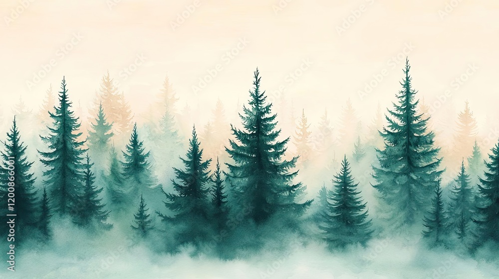 Obraz premium Nature watercolor idea. Misty forest landscape with tall trees creating a serene and tranquil atmosphere.