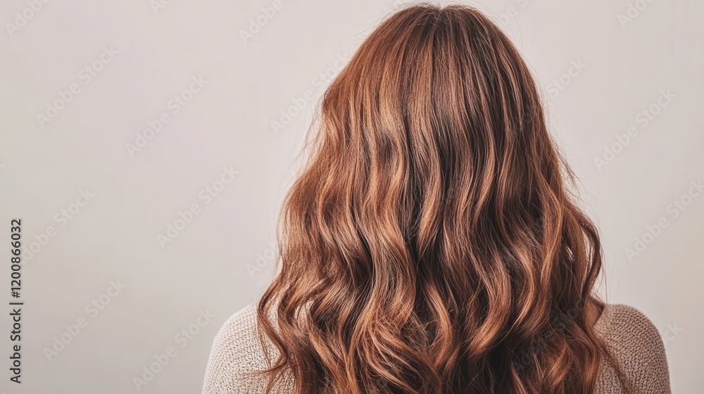 Naklejka premium Beautiful model girl with Brown hair strand,silky healthy chestnut wavy hair strand,hair wavy ribbon, with smooth,Keratin straightening,Treatment,straight long hair,procedures,Smooth hairstyle.