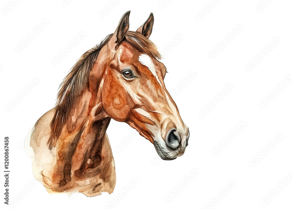 Obraz premium Elegant horse portrait in watercolor. Soft browns, expressive eye, detailed texture capture equine beauty and spirit. Wildlife Animals.