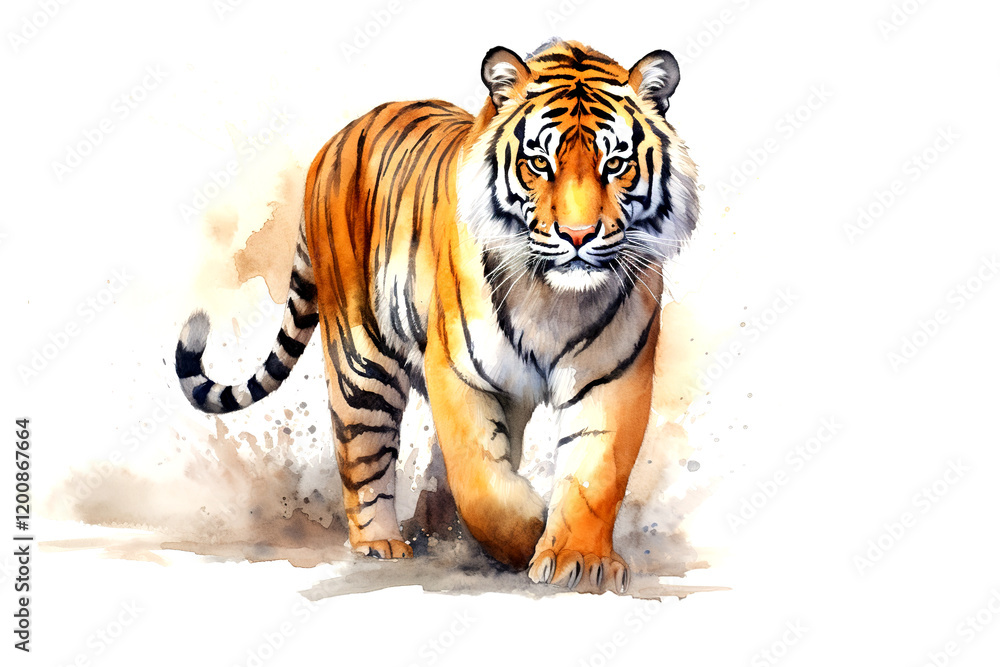 Fototapeta premium Stunning watercolor painting of a majestic tiger walking confidently, set on a white background, perfect for wildlife or artistic-themed projects.