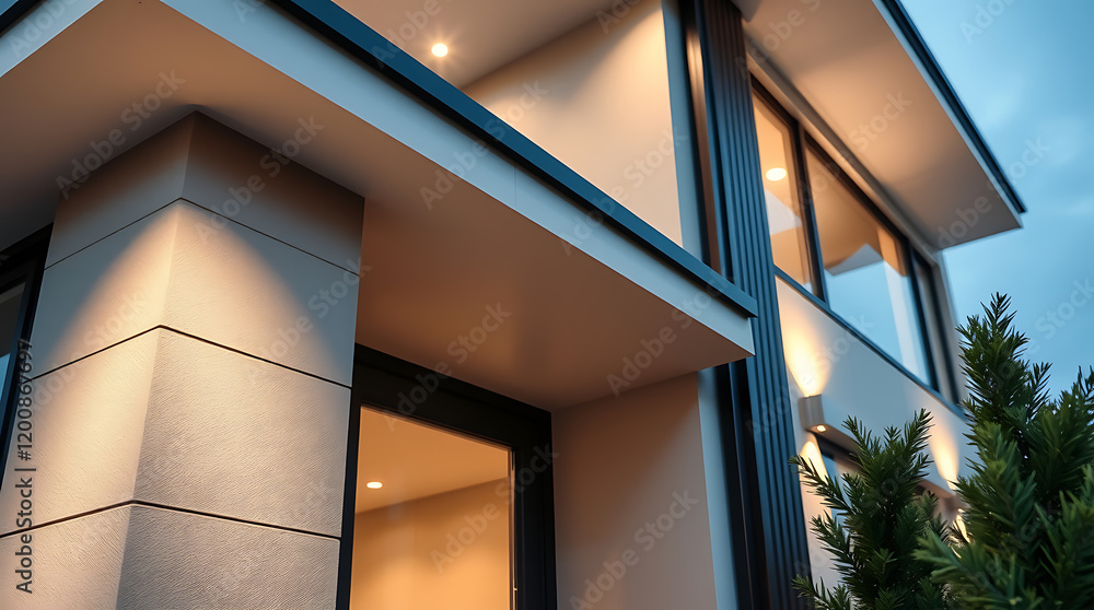 Obraz premium Modern Architectural Design: Luxurious House Exterior at Night. Captivating contemporary home design with sleek lines and warm lighting, showcasing exquisite details and high-end finishes.