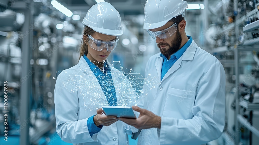 Caucasian male and female engineers analyzing data on tablet in industrial setting Caucasian male and female engineers analyzing data on tablet in industrial setting