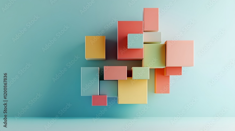 Pastel colored cubes arranged on a blue wall Pastel colored cubes arranged on a blue wall