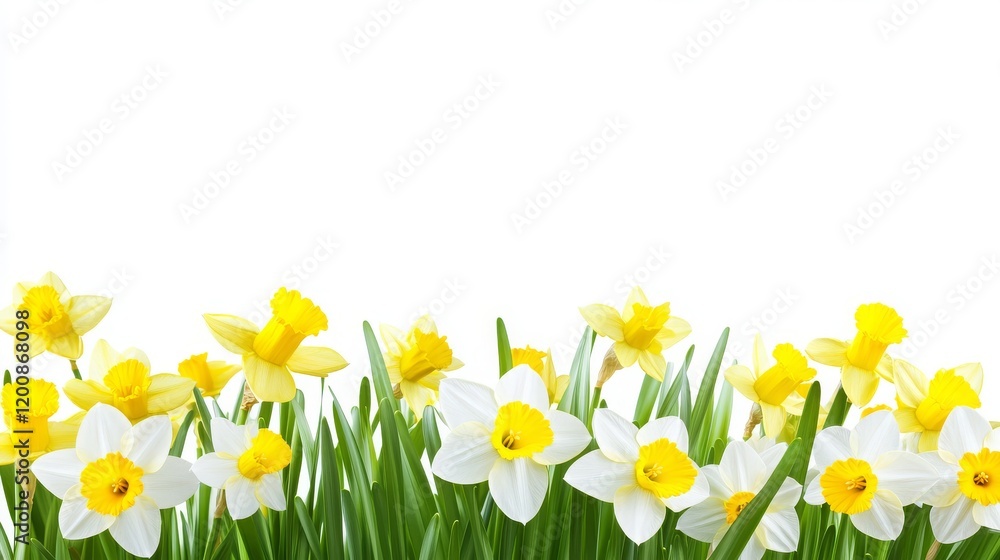 Vibrant arrangement of yellow and white daffodil flowers with fresh green grass against a clean white background, perfect for spring themes and floral designs. Vibrant arrangement of yellow and white daffodil flowers with fresh green grass against a clean white background, perfect for spring themes and floral designs.