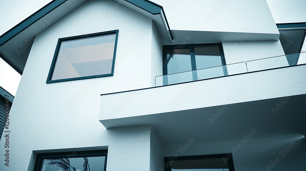 Modern Minimalist House Exterior: Clean Lines and Geometric Design. A Stunning Contemporary Home showcasing a sleek white facade, large windows, and a minimalist balcony. Modern Minimalist House Exterior: Clean Lines and Geometric Design. A Stunning Contemporary Home showcasing a sleek white facade, large windows, and a minimalist balcony.
