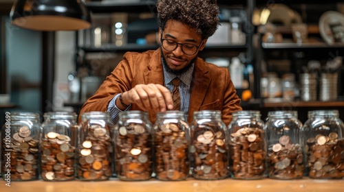 Young african male counting coins in office with glass jars on desk photo