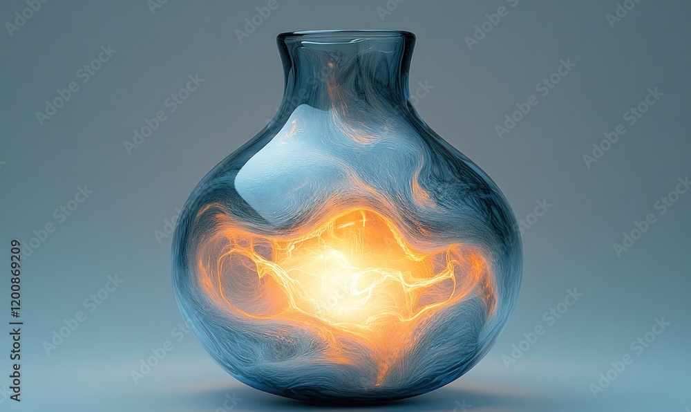 Glowing orb inside swirling blue glass vase. Glowing orb inside swirling blue glass vase.