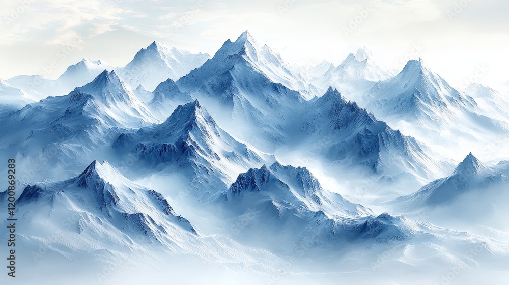 Majestic snow-capped mountain range under a soft sky. Ideal for fantasy landscapes, travel posters, or winter-themed designs. Majestic snow-capped mountain range under a soft sky. Ideal for fantasy landscapes, travel posters, or winter-themed designs.