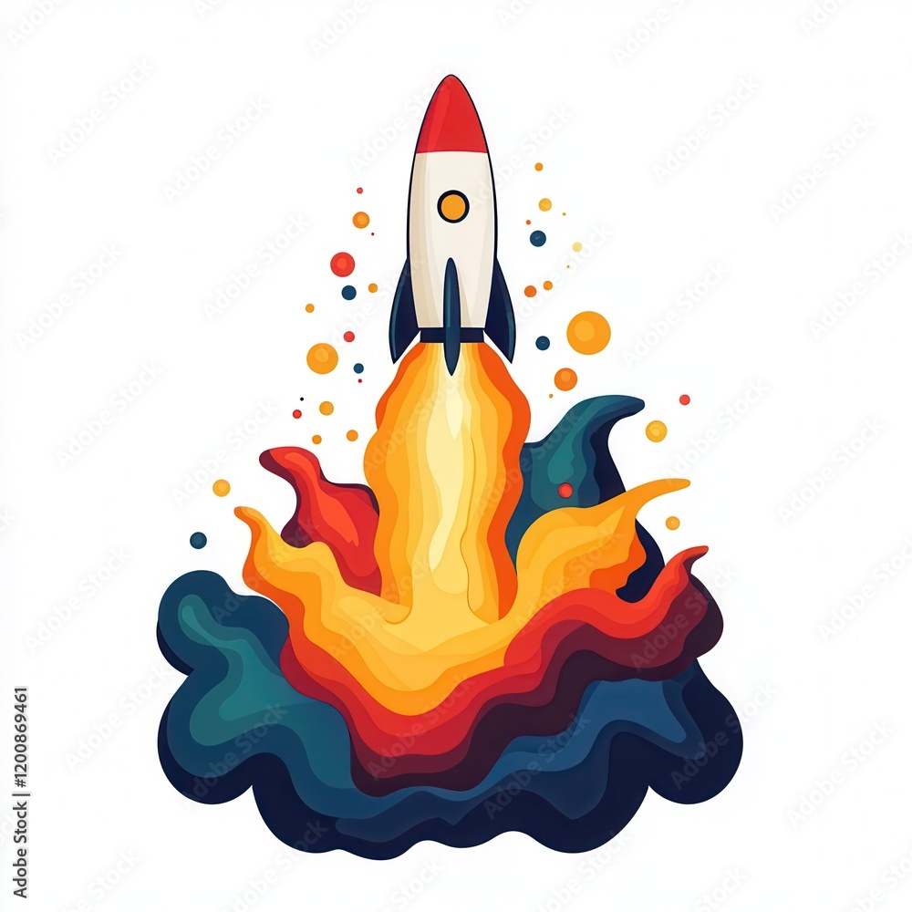 A vibrant rocket blasting off, surrounded by colorful flames and smoke, symbolizing adventure and exploration. A vibrant rocket blasting off, surrounded by colorful flames and smoke, symbolizing adventure and exploration.