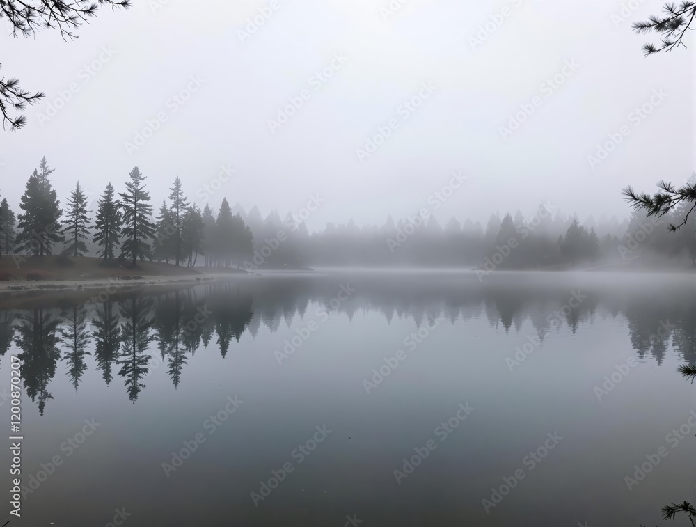 Misty Lake Reflection of Pine Trees in Foggy Atmosphere Misty Lake Reflection of Pine Trees in Foggy Atmosphere