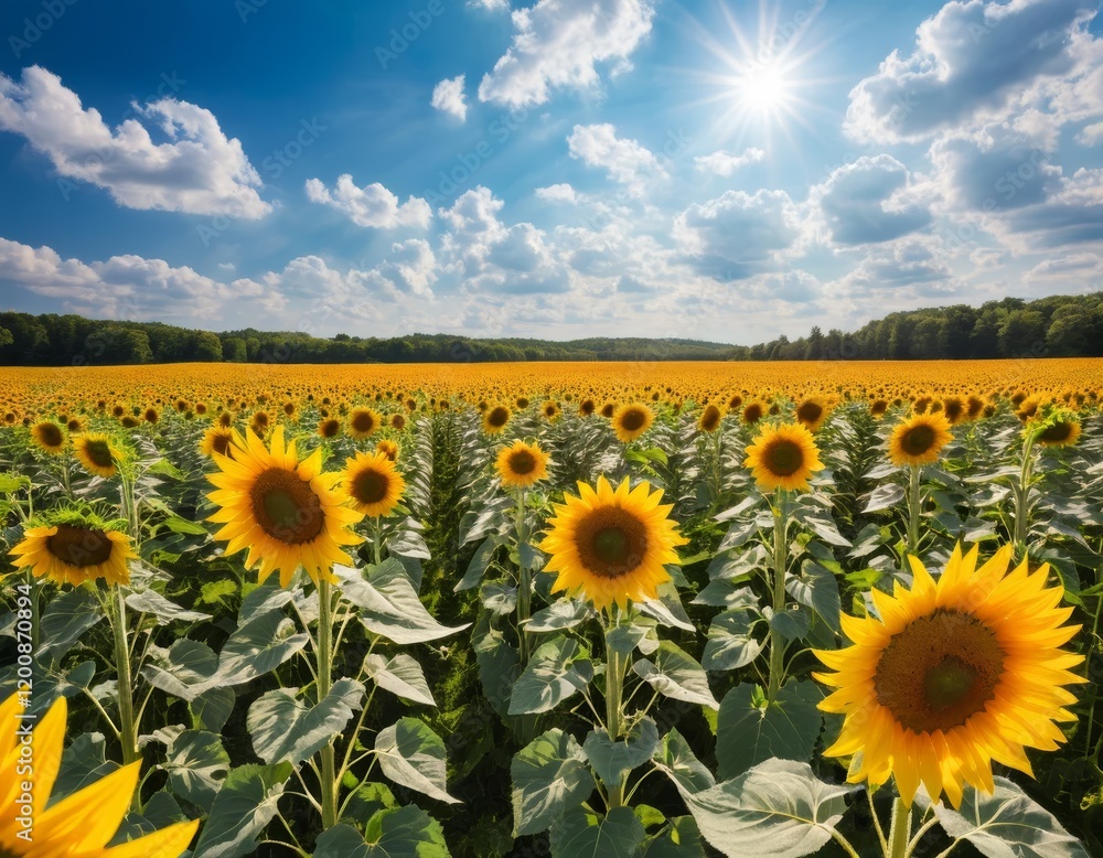 Obraz premium Sunlit Sunflower Field in Summer with Blue Sky and Bright Sun