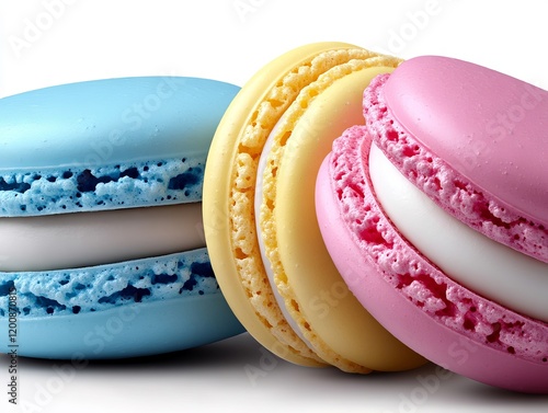 A group of colorful macarons sitting next to each other on a white surface photo