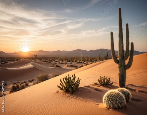 Sunset Desert Landscape with Saguaro Cactus and Other Desert Plants photo