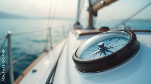 Sailboat compass on calm sea at sunrise