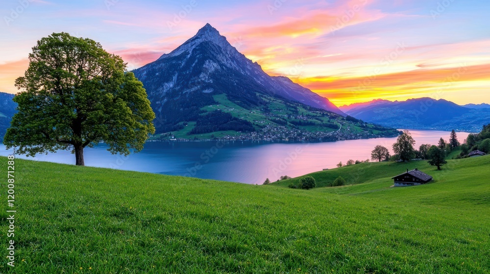 Fototapeta premium Serene landscape featuring a mountain, lake, and vibrant sunset.