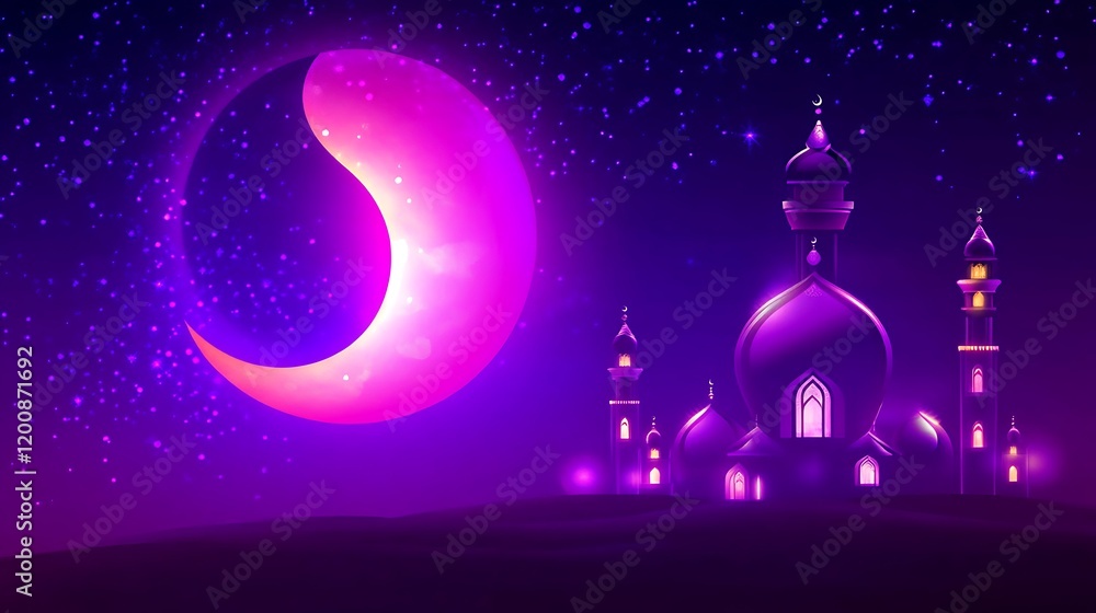 Naklejka premium Crescent Moon Night Illuminates Majestic Mosque Architecture