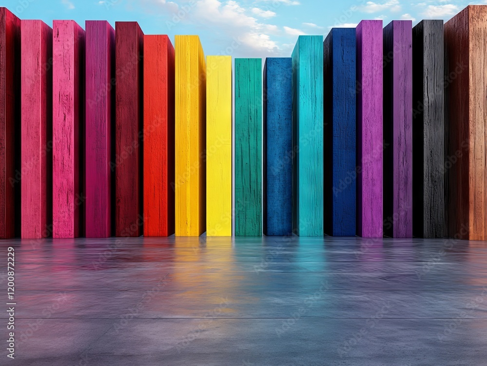 A row of colorful wooden blocks in a room with a blue sky A row of colorful wooden blocks in a room with a blue sky