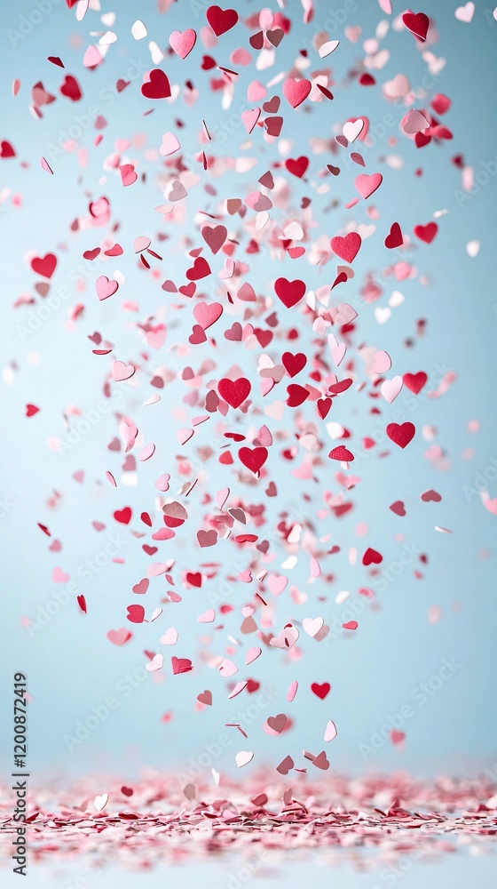 Naklejka premium Valentine's heart confetti falling in mid-air, vibrant red and pink hues, blurred bokeh background, romantic atmosphere, clean and crisp focus, dynamic motion captured
