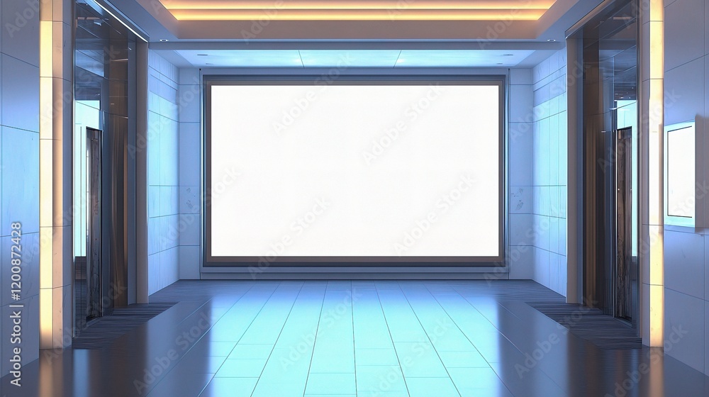 Empty Lobby with Large Window: A sleek, modern lobby with a large window showcasing a blank canvas for your creativity. The space is bathed in a cool blue light, highlighting the smooth. Empty Lobby with Large Window: A sleek, modern lobby with a large window showcasing a blank canvas for your creativity. The space is bathed in a cool blue light, highlighting the smooth.