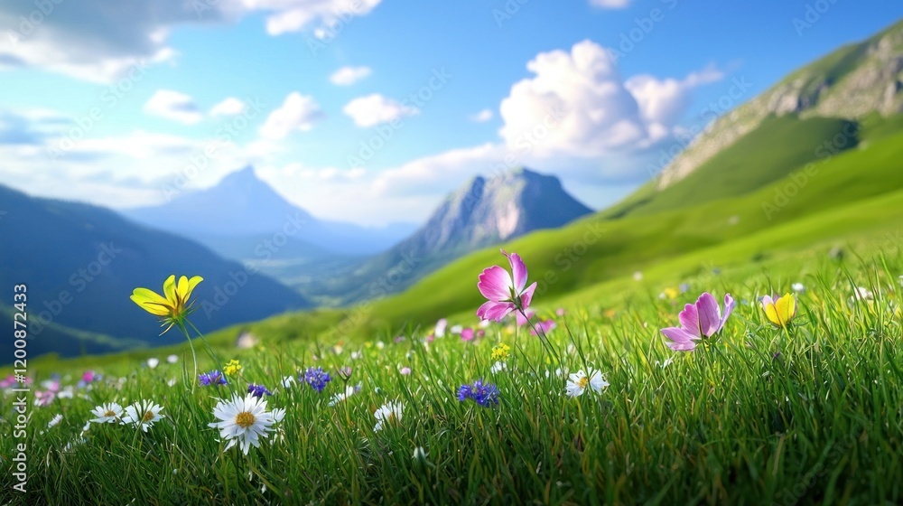 Obraz premium A vibrant meadow filled with colorful wildflowers and mountains.