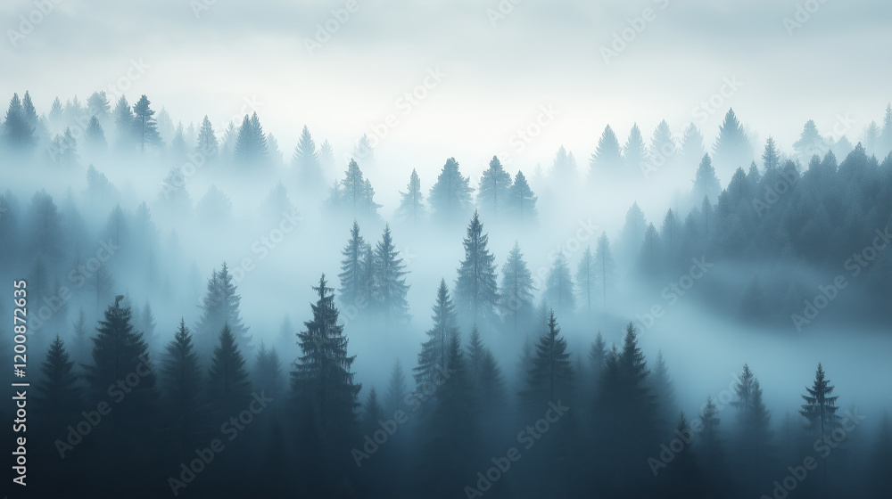 misty forest landscape with tall evergreen trees creates serene and mysterious atmosphere. fog envelops trees, adding depth and sense of tranquility to scene misty forest landscape with tall evergreen trees creates serene and mysterious atmosphere. fog envelops trees, adding depth and sense of tranquility to scene