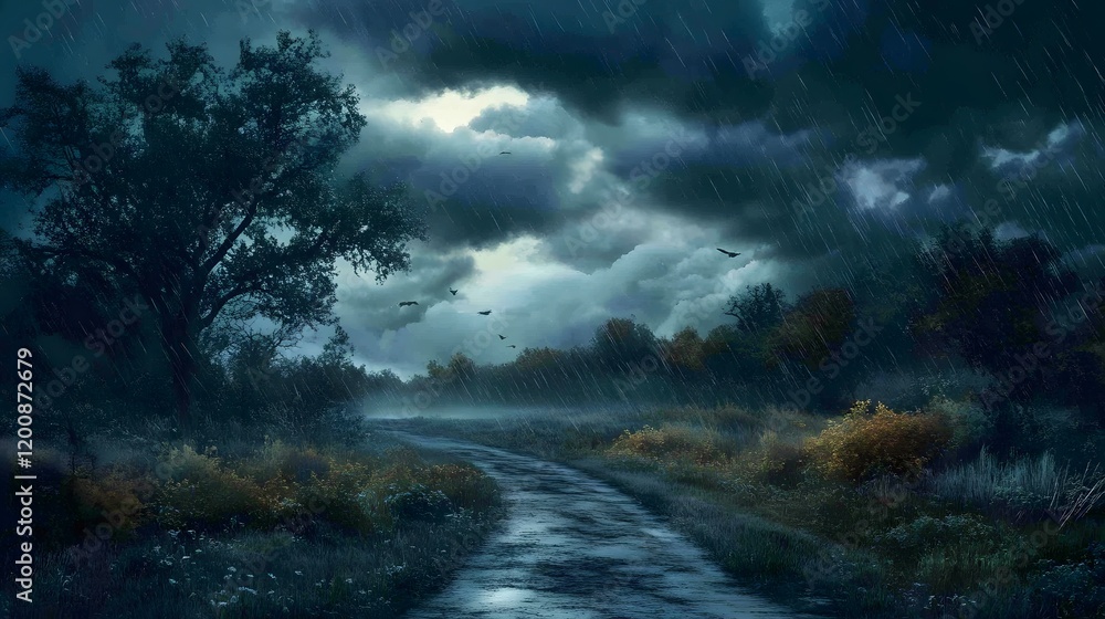 Fototapeta premium Rainy Night Road Through Dark Forest Under Stormy Sky