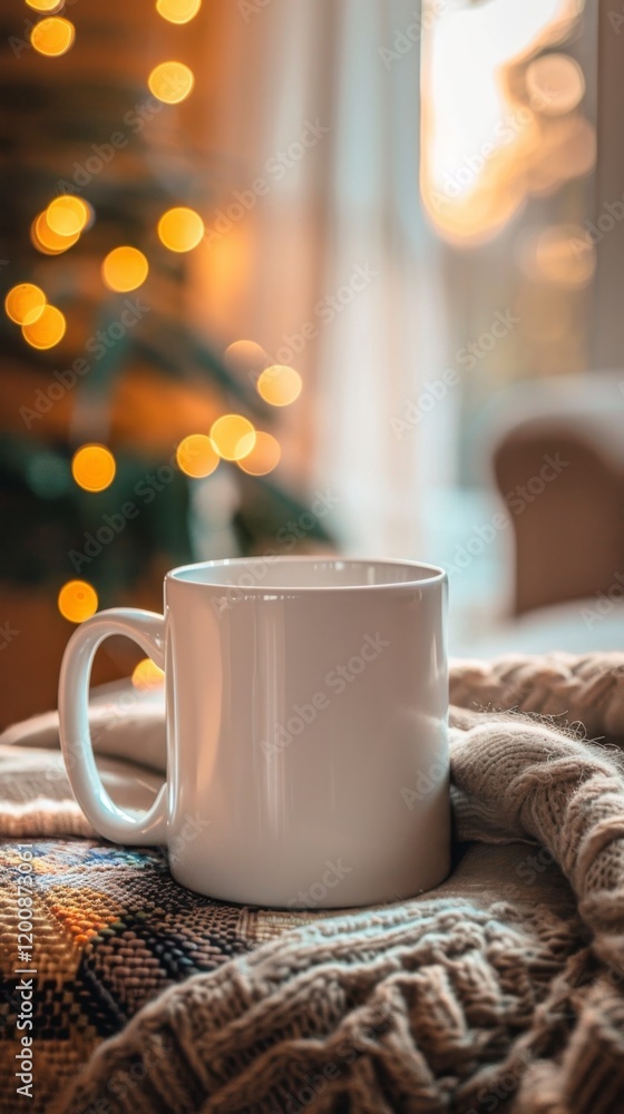 Warm Cup of Coffee on Cozy Blanket with Holiday Decorations Nearby Warm Cup of Coffee on Cozy Blanket with Holiday Decorations Nearby