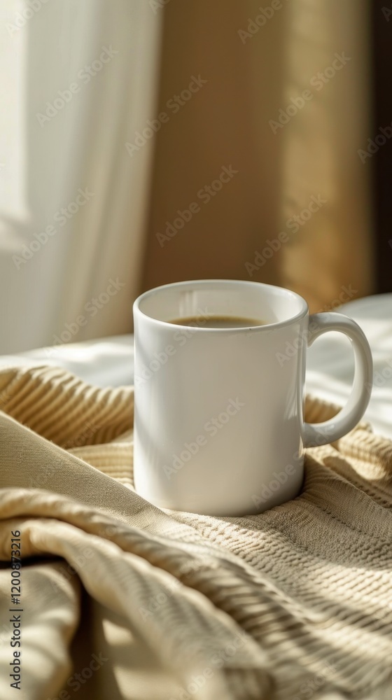 Warm Coffee in White Mug on Cozy Knit Blanket with Natural Light Warm Coffee in White Mug on Cozy Knit Blanket with Natural Light