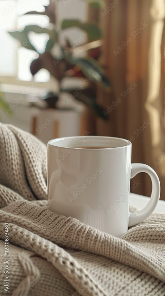 Cozy Scene with White Mug on Knitted Blanket and Natural Light Cozy Scene with White Mug on Knitted Blanket and Natural Light