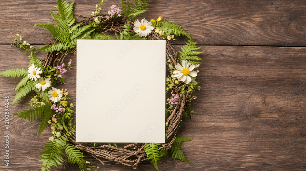 blank card nestled within floral wreath of greenery and flowers blank card nestled within floral wreath of greenery and flowers