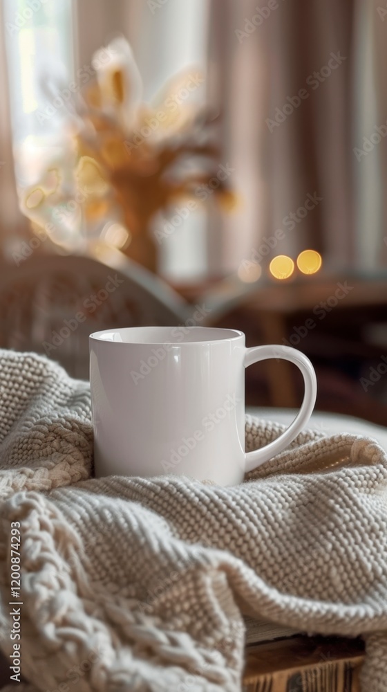Cozy Coffee Mug on Soft Knit Blanket in Warm Living Room Setting Cozy Coffee Mug on Soft Knit Blanket in Warm Living Room Setting