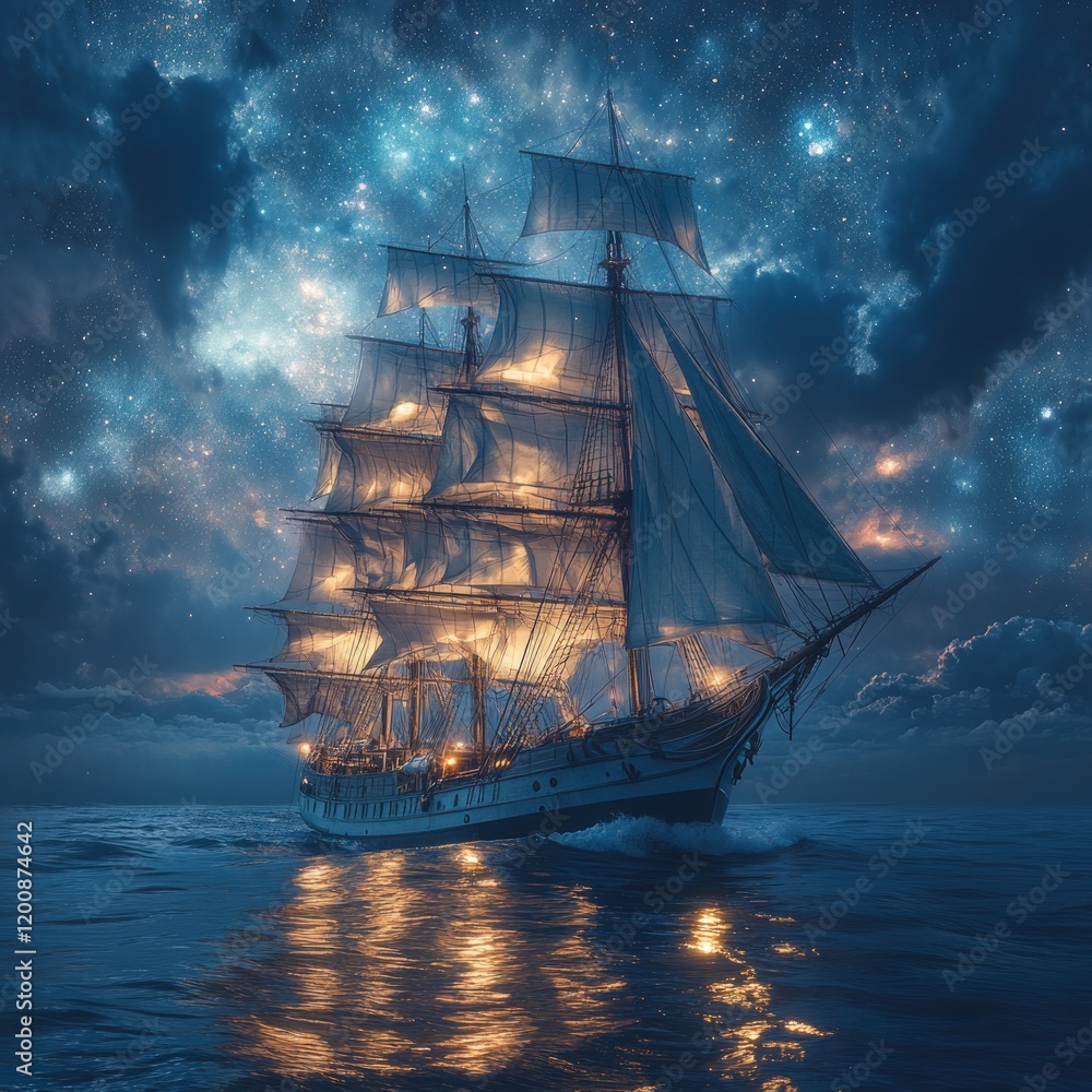 Fototapeta premium Sailing ship, starry night, ocean voyage.