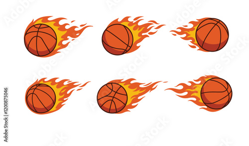 A vibrant showcases a collection of flaming fire  basketball  vector set illustration designs energy basketball is engulfed in dynamic flames, symbolizing speed,  of fiery reds, oranges, and yellows
