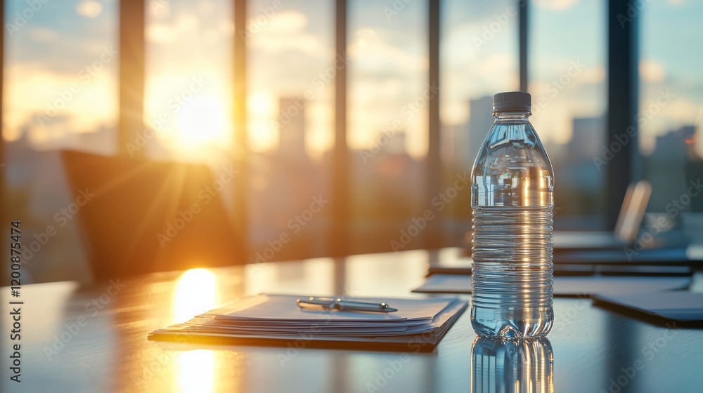 Clear Water Bottle on Table with Sunset View in Modern Office Clear Water Bottle on Table with Sunset View in Modern Office