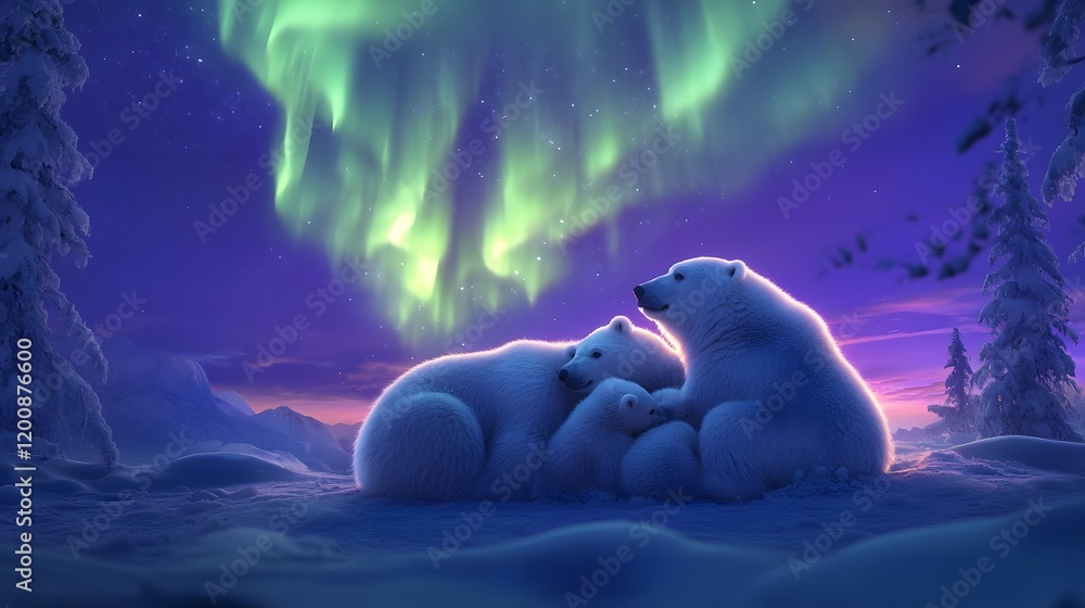 Obraz premium Polar Bear Family Huddled Under Aurora Borealis