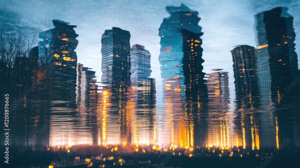 Obraz premium Urban Skyline Reflection in Water at Dusk with Soft Lighting Effects