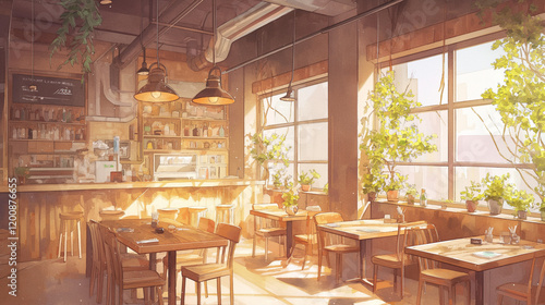 自然光が差し込む植物に囲まれた温もりのあるカフェ店内｜木製家具と心地よい空間デザイン