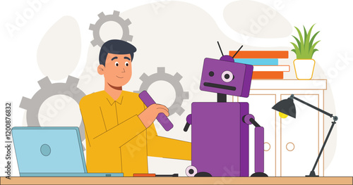 Modern Technology Illustration with Robot Creation Shows an engineer or inventor creating a robot in a lab or workshop setting.