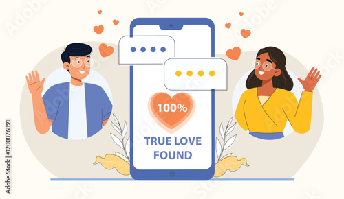 Online Dating Illustration 100 Percent True Love Found Depicts a digital interface with two profile pictures forming a heart, symbolizing a perfect match in online dating.