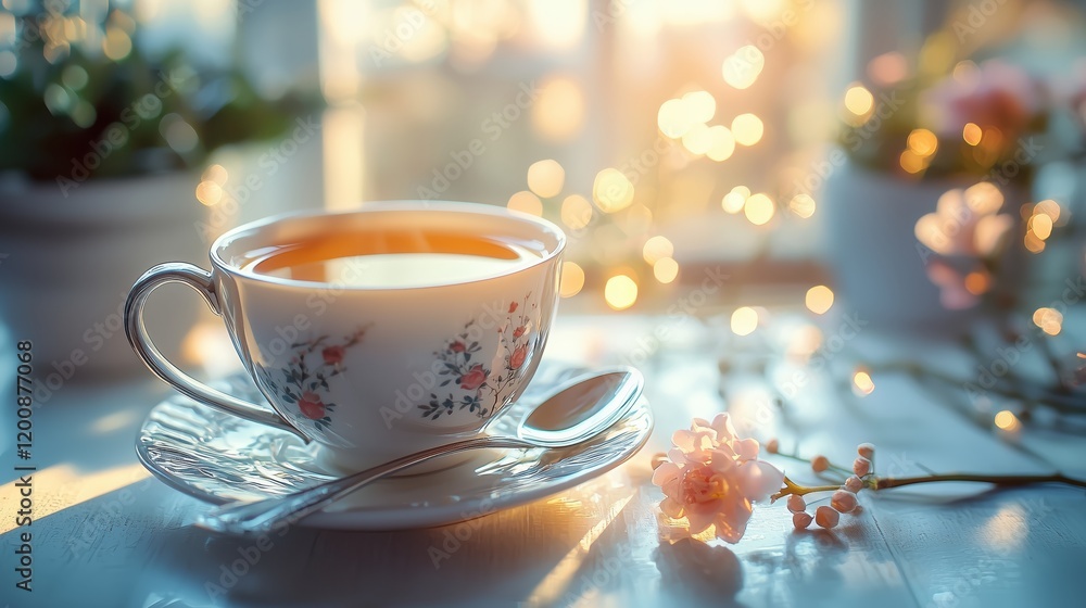 Fototapeta premium Serene Tea Time with Floral Cup and Soft Morning Light