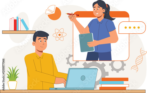 Online Education Illustration Knowledge Learning Concept A scene showing a student gaining knowledge through digital devices and educational platforms.