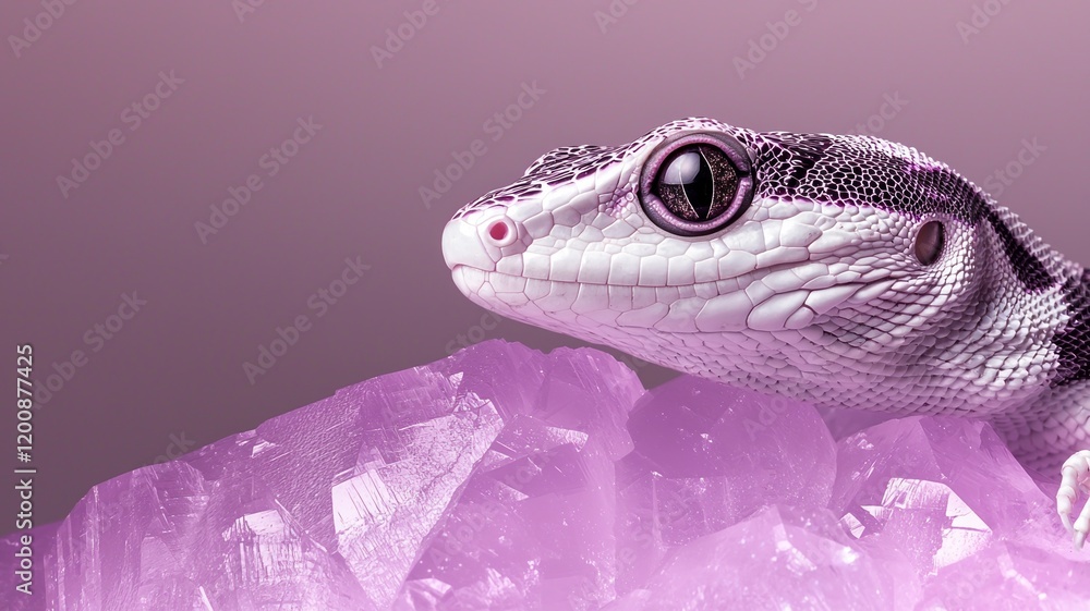 Reptile star exotic concept. Gecko resting on pink crystals with a soft background. Reptile star exotic concept. Gecko resting on pink crystals with a soft background.