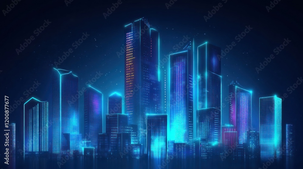 Obraz premium Futuristic Cityscape with Neon Lights and Skyscrapers at Night