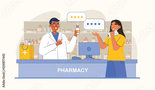 Pharmacy Illustration with Doctor and Medicine A doctor discussing medicine options with a patient, highlighting the medical consultation process.