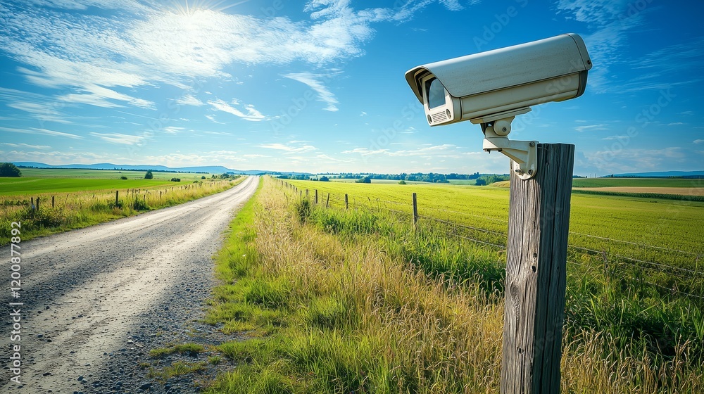 Surveillance Camera Overlooking Scenic Country Road and Green Fields Surveillance Camera Overlooking Scenic Country Road and Green Fields