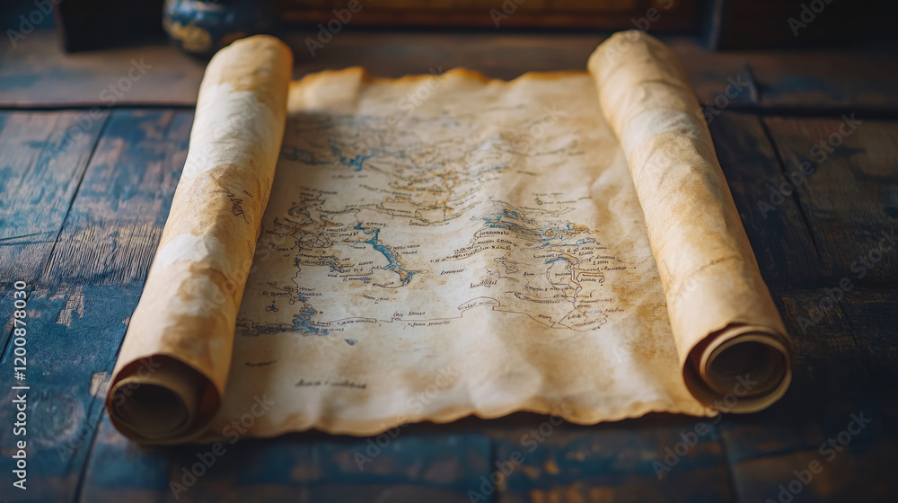 Fototapeta premium Cartoon pirate old scroll, paper map. Pirate map old parchment manuscript, filibuster antique papyrus, corsair treasure map or medieval paper isolated vector document. Ancient law, torah rolled scroll