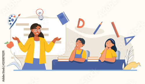 Creative Education in Classroom with Teacher and Students Illustration A classroom scene with a teacher engaging students with educational materials.
