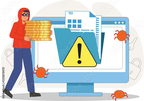 Cyber Attack Illustration with Hacker and Data Theft Depicts a hacker extracting sensitive data from a computer system.