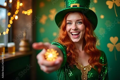 St. Patrick`s Day leprechaun laughing model girl pointing hand, photo